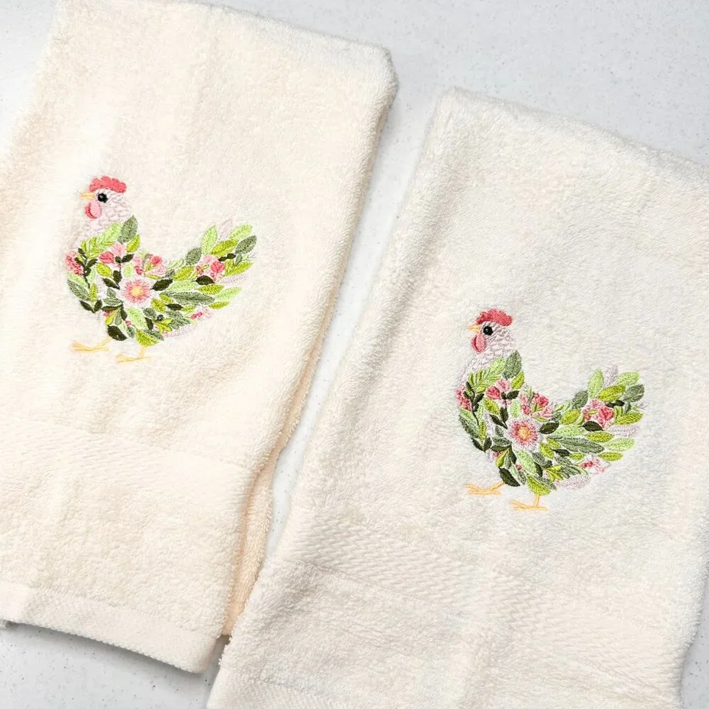 Chicken Towels Embroidered Hand Towel Set Hen Rooster Bathroom Home Farm Decor